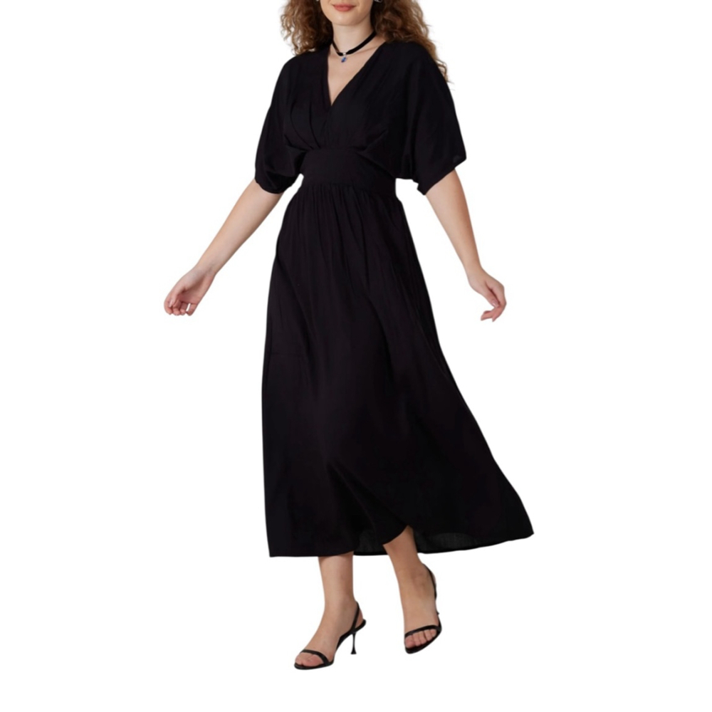 Women's Aura Black V-Neck Short Sleeve Midi Dress M